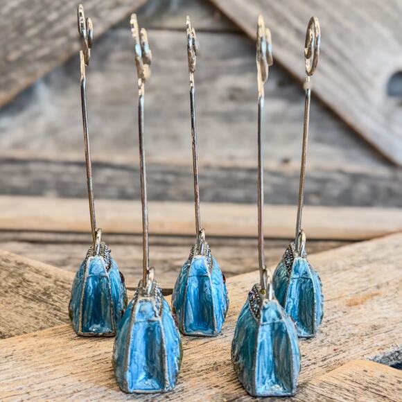 Set of 5, Pier 1 Blue Enamel Floral Purse w Rhinestones-Photo/Place Card Holders - Picture 3 of 7